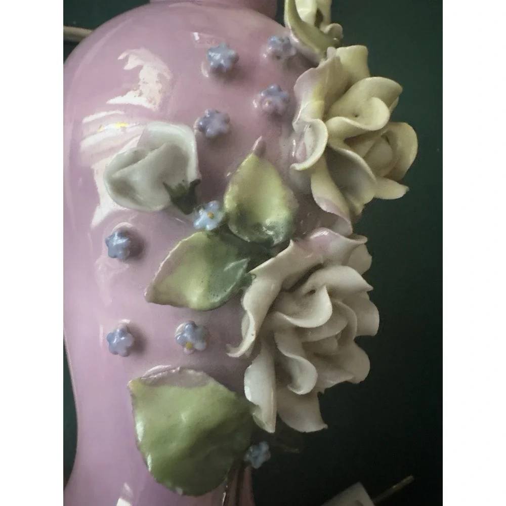 Lamp German Pink Porcelain Floral Elfinware Empire Beaded Tassel Shade Working
